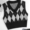 Autumn Women's Casual Sleeveless Plaid Sticked Crop Sweaters Argyle Print Sweater Vest Ladies V Neck Knit Sweater Vest 220719