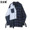 EAM Women Blue Striped Plaid Split Big Size Blus Ny Lapel Long Sleeve Loose Fit Shirt Fashion Spring Autumn LJ200815
