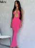 Kliou solid hole maxi klänning kvinnor sexig spaghetti rem bandage backless bodyforming kjol elegant fest klubbkläder kläder 220509