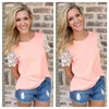 T-shirt Femme Summer Coton Casual Tops Tops Tees Sexy Col O-Colf blanc Rose Bleu Dentelle à manches courtes Patchwork Vêtements