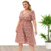 Plus storlek klänningar elegant kvinnor blommor tryck kort ärm midi klänning sommar elastisk midja v-hals a-line casual outfits vestidosplus