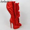 Sorbern Custom Red Wide Calf Boots Women High Heel Pointed Toe Platform Knee High Lady Boot Satin Pleated Zip Up Model Shoes