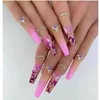 False unhas 24pcs Long Coffin Amarelo Designs de flores Rhinestone Ballerina Fake Cover Tips Dicas de unhas Pressione 0616