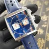 Heren vierkant horloge baai Japan VK chronograaf quartz uurwerk blauw gezicht oranje wijzers metalen band 39 mm polshorloge