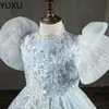 Sequined Blue Tulle Flower Girl Планты кристаллы с бисером корсет задний пол длины для девочек.