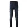 2024 Designer Jeans da uomo Skinny Rip Denim Biker Hip Hop Blu scuro Distress Moda Vestibilità rilassata Regular Slim Gamba dritta Elastico Trendy Zip