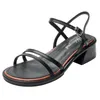 Sandalias Verano Mujer Peep Toe Med Heels Strappy Black Apricot Concise PU ShoesSandalias