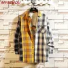 Spring Men's Casual Colorblock Plaid Shirt Street Hip Hop Large Size Loose Long Sleeve Shirt Black Yellow White Men's Shirt 4XL