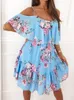 Sexy Off Plouds Floral Chefon Mini Women Flying Summer Rothed -рукав повседневные белые платья для оборков для женщин Rope Femme 220516