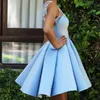 Party Dresses Light Sky Blue Mini Homecoming Dress 2022 A-Line O-Neck Lace Appliques Sleeveless Zipper Back Short Prom Gown Above KneeParty