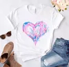 Herz-Blumen-Druck Damen-T-Shirt lässige Basis O-Kragen weißes Hemd Kurzarm-Damen-T-Shirt Liebesgrafikdruck A25