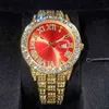 MISSFOX Herren-Armbanduhr mit römischen Ziffern, rotes Zifferblatt, große Diamant-Lünette, Herren-Golduhr, Edelstahl, modische Luxus-Herren-Quarzuhr82EZ