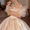Suknia ślubna księżniczki Boho z perłami Puff rękawy prawdziwe obrazki do balowej suknia miękka satynowa sukienki ślubne dla kobiet eleganckie bohemian ogrodowe sukienki na panny młodej
