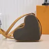 Heart Shaped Crossbody Bag Shoulder Bags Women Genuine Leather Handbags Purse Classic Vintage Old Flower Letter Love Clutch Tote Wallet Cell Phone Pocket Brown