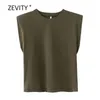 Women fashion solid color shoulder pad casual T-shirts female basic o neck sleeveless knitted T shirt chic leisure tops T678 W220409