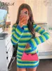 FSDA Stripe Knit Women Beach Dress Aderente Backless Manica lunga Verde Y2K Casual Summer Holiday Abiti sexy Party Mini 220720