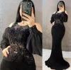 Puff Chiffon Långärmad aftonklänningar Beaded Mermaid Formal Party Wear 2022 Crew Neck Sexig Prom Dress Illusion Special Endan klänningar