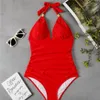 2024 Konservativ leopardhals Röd rygglös bikini Set Women Appeal Swimewear Swimsuit Suit One Piece Girl Ladies Kingcaps Line