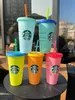 Zeemeermin godin Starbucks 24oz/710ml plastic mokken tuimelaar kleurverandering magie originele pp herbruikbaar helder drinkplatige bodem pilaar vorm deksel stro kopjes mok mok