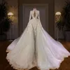 Arabiska Aso Ebi Luxury Mermaid Bröllopsklänningar med avtagbar tåg High Neck Långärmad Lace Pearls Princess Bridal Gown Robes de Mariée