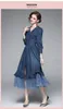 Rench Vintage Denim Dress Lace Up Mesh Patchwork Turn-Twower Laneer Long Maxi Slim Vesteses Vestidos 2022