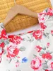 Peutermeisjes bloemenprint blouse met pofmouwen denim rok met ruwe zoom SHE