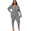 Pantalones de talla grande para mujeres 5xl Jumpsuits flacos para mujeres Playsuits de manga larga Autumn Fashion Houndstooth Impresión casual de lápiz de lápiz de lápiz