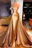 Altın Şık Bir Omuz Kristal Deniz Kızı Prom Elbise Söndürülebilir Trenle Seksi Sırtsız Akşam Resmi Parça Nedime Gowns BC12895 0714