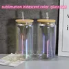 NEU! 12Oz 16oz Sublimation Irisierende Tassen Glas Can Rainbow Gläsern Tumbler mit Bambus-Deckel-Stroh-Tumbler Chamäleon ändert die Farbe, wenn er kalt ist