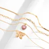 Pendant Necklaces Boho2022 Multilayer Gold Metal Choker Women Cute Pink Crystal Heart Butterfly Necklace Girls Couple Fashion JewelryPendant