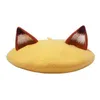 New Handmade Wool Girl Autumn And Winter Beret Cute Cartoon Fox Ears Warm Women Painter Hat Beretki J220722