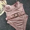 Gossina Push Up Swimsuit Women Belt Swimwear Solid Summer Beach Wear Sexy Bathing Suit Slimming Velvet Bodysuit 220505