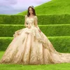 حلو 16 من الدانتيل الذهب Quinceanera فساتين اللؤلؤ كرات الثوب Vestidos Para 15 Vestido de XV Años Glitter ثوب عيد ميلاد حفلة موسيقية