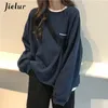 Jielur Kpop Letter Hoody Fashion Korean Thin Chic Womens Sweatshirts Cool Navy Blue Grey Hoodies for Women MXXL 220805