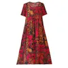 Bohemian sommar kvinna klänning med stora fickor vintage kortärmad blommigryck sundress kvinnlig lös avslappnad hajuku klänningar 220418