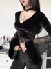 Ingoth Sexy Women Gothic Crop Top Flare Long Sleeve Lace Hollow Out Black T-shirt Retro Bodycon Female V-Neck Tops Elegant Top 220525