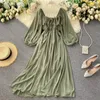 Autumn New Elegant Square Collar Maxi Dress Women's Solid Color Chiffon Puff Long Sleeve Ruffles Vestidos