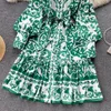 Women stand collar single breasted green print floral lantern long sleeve knee length royal style desinger dress SML