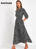 Aachoae Vintage Floral Print Maxi Dress Women Boho Three Quarter Sleeve Long Dress Slå ner Collar Casual Shirt Dresses Robe 220516