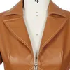 Kvinnors Autumn Jacket 2020 Ny Turn-down-krage full ärmar med hög midja blixtlås korta pu läderrock faux korsett jacka l220728