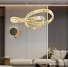Lustres de cristal led modernos ledores de cristal anel de pendente inoxidável RC Lâmpada de suspensão Dimmable para utensílios de estar/sala de jantar quarto