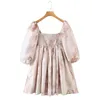 2022 Prinzessin Tie Dye Blumendruck Ballkleid Organza Kleid Puffärmel Retro Frauen geraffte Plissee Taille Mini Party Fee Robe 220511