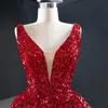 Vestidos de festa glamourosos lantejoulas vermelhas altas e baixas vestidos de noite para mulheres elegantes longos de luxo em V 2022 Dubaiparty