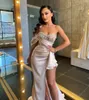 Nude Pink Prom Dresses Sequins One Shoulder Sleeveless Strapless Satin Sexy High Side Split Chic Party Gowns Sweep Floor Length Plus Size Custom Made