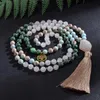 Hänghalsband 8mm vit jade afrikansk turkos kejsare jasper pärlor knutna japamala halsband meditation yogas smycken uppsättning 108 mala rosar