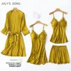 7 월의 노래 섹시 레이스 얼룩 잠자기 잠수대 4 조각 여성 잠옷 세트 인조 실크 잉글웨어 세트 봄 여름 로브 홈웨어 20114