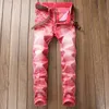 Red Tie Dye Men's Jeans Spring Autumn Grinding White Slim Fit Pants Fashion Casual Male Denim Cotton Trousers Pantalones