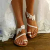 Sandalet Beyaz Dantel Kadınlar Düz Plaj Ayakkabıları Artı Yaz Moda Ayakkabı Düğün Zapatos De Mujer Kadın Sandalssandals