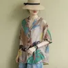 Summer Arts Style Plus Size Women Short Sleeve Loose Shirts Cotton Vintage Print V-Neck Bluses Femme Blusa M07 210326