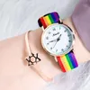 Armbanduhren Luxus Frauen Quarz Uhren Damen Regenbogenfarbe Stoff Gürtel Armbanduhr für stilvolle wasserdichte Armband Uhr Relojujerwristwww